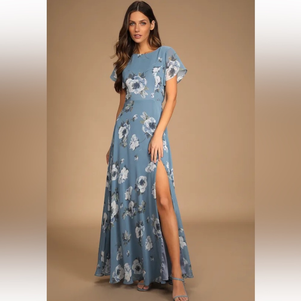 Classic Love Slate Blue Floral Print Tie-Back Maxi Dress